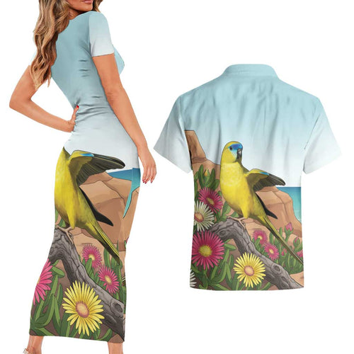 Australia Rock Parrot Couples Matching Short Sleeve Bodycon Dress and Hawaiian Shirt Pigface Carpobrotus Rocky Island Vibes - Aussie Hoodie