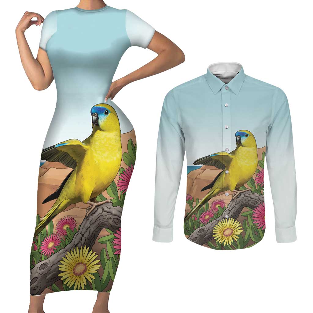 Australia Rock Parrot Couples Matching Short Sleeve Bodycon Dress and Long Sleeve Button Shirt Pigface Carpobrotus Rocky Island Vibes - Aussie Hoodie