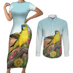 Australia Rock Parrot Couples Matching Short Sleeve Bodycon Dress and Long Sleeve Button Shirt Pigface Carpobrotus Rocky Island Vibes - Aussie Hoodie