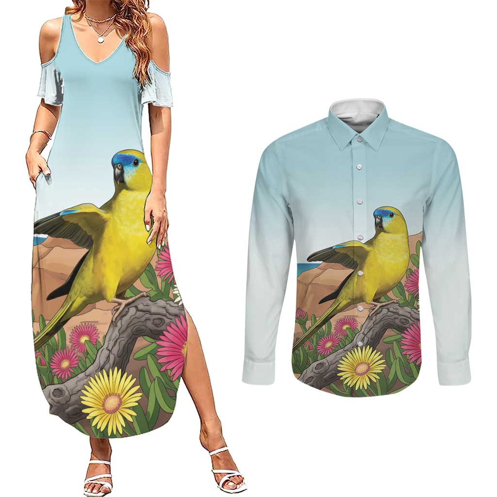 Australia Rock Parrot Couples Matching Summer Maxi Dress and Long Sleeve Button Shirt Pigface Carpobrotus Rocky Island Vibes - Aussie Hoodie