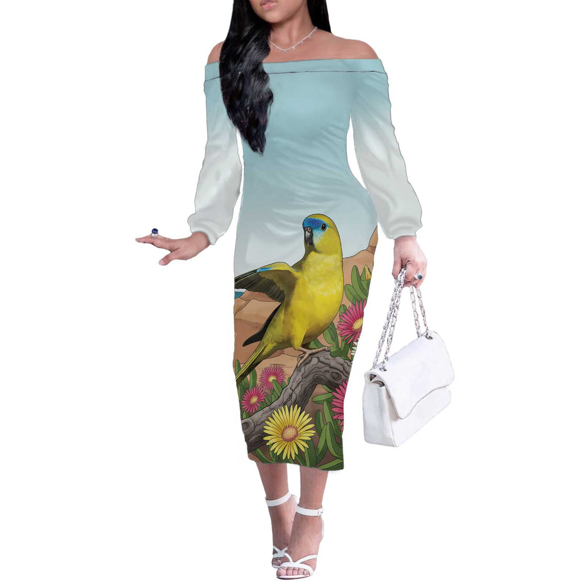 Australia Rock Parrot Off The Shoulder Long Sleeve Dress Pigface Carpobrotus Rocky Island Vibes - Aussie Hoodie