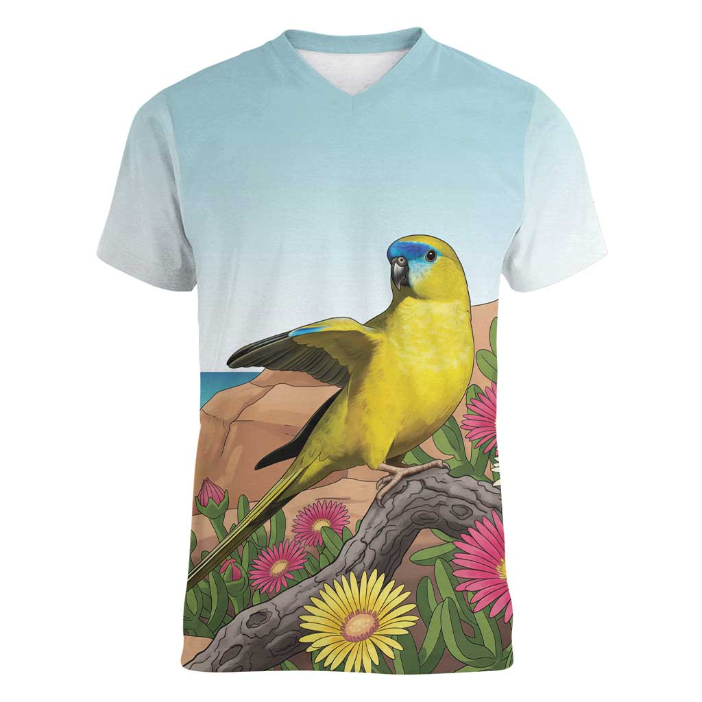 Australia Rock Parrot Women V-Neck T-Shirt Pigface Carpobrotus Rocky Island Vibes - Aussie Hoodie
