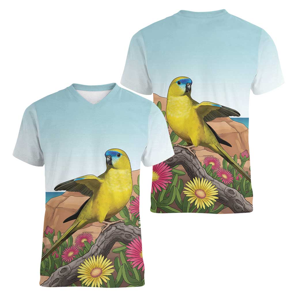 Australia Rock Parrot Women V-Neck T-Shirt Pigface Carpobrotus Rocky Island Vibes - Aussie Hoodie