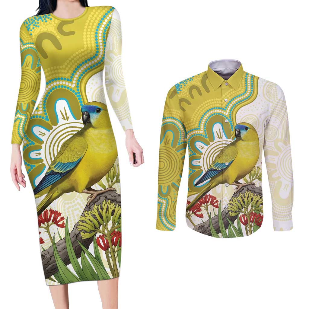 Australia Rock Parrot Couples Matching Long Sleeve Bodycon Dress and Long Sleeve Button Shirt Kangaroo Paws Indigenous Art - Aussie Hoodie