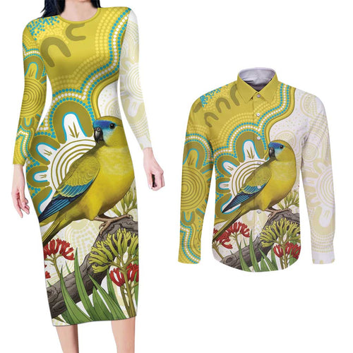 Australia Rock Parrot Couples Matching Long Sleeve Bodycon Dress and Long Sleeve Button Shirt Kangaroo Paws Indigenous Art - Aussie Hoodie