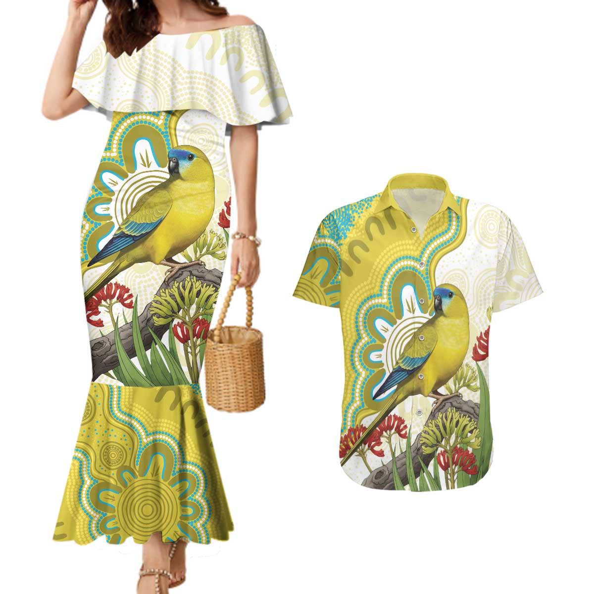 Australia Rock Parrot Couples Matching Mermaid Dress and Hawaiian Shirt Kangaroo Paws Indigenous Art - Aussie Hoodie