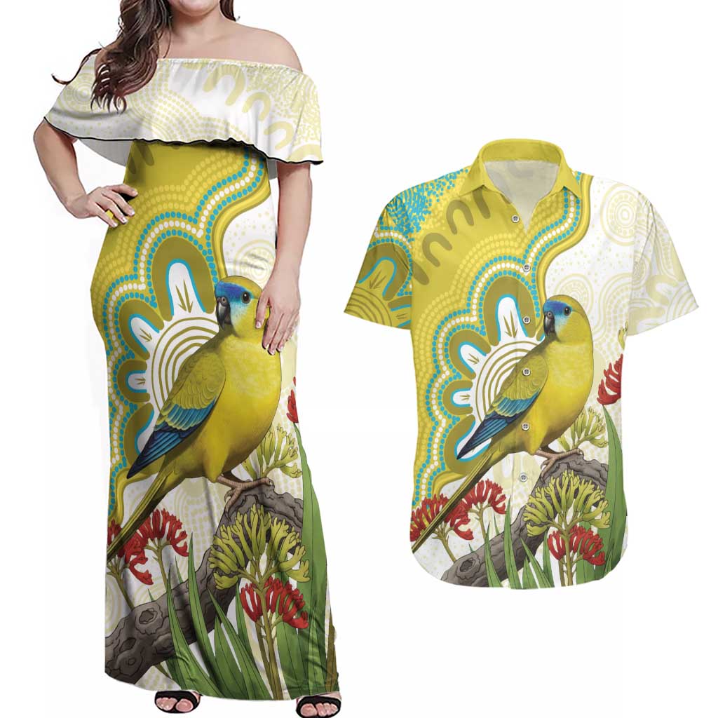 Australia Rock Parrot Couples Matching Off Shoulder Maxi Dress and Hawaiian Shirt Kangaroo Paws Indigenous Art - Aussie Hoodie