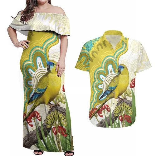 Australia Rock Parrot Couples Matching Off Shoulder Maxi Dress and Hawaiian Shirt Kangaroo Paws Indigenous Art - Aussie Hoodie