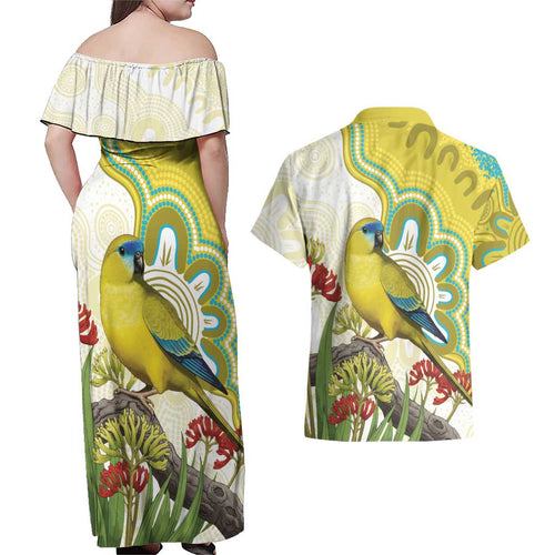 Australia Rock Parrot Couples Matching Off Shoulder Maxi Dress and Hawaiian Shirt Kangaroo Paws Indigenous Art - Aussie Hoodie