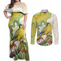 Australia Rock Parrot Couples Matching Off Shoulder Maxi Dress and Long Sleeve Button Shirt Kangaroo Paws Indigenous Art - Aussie Hoodie
