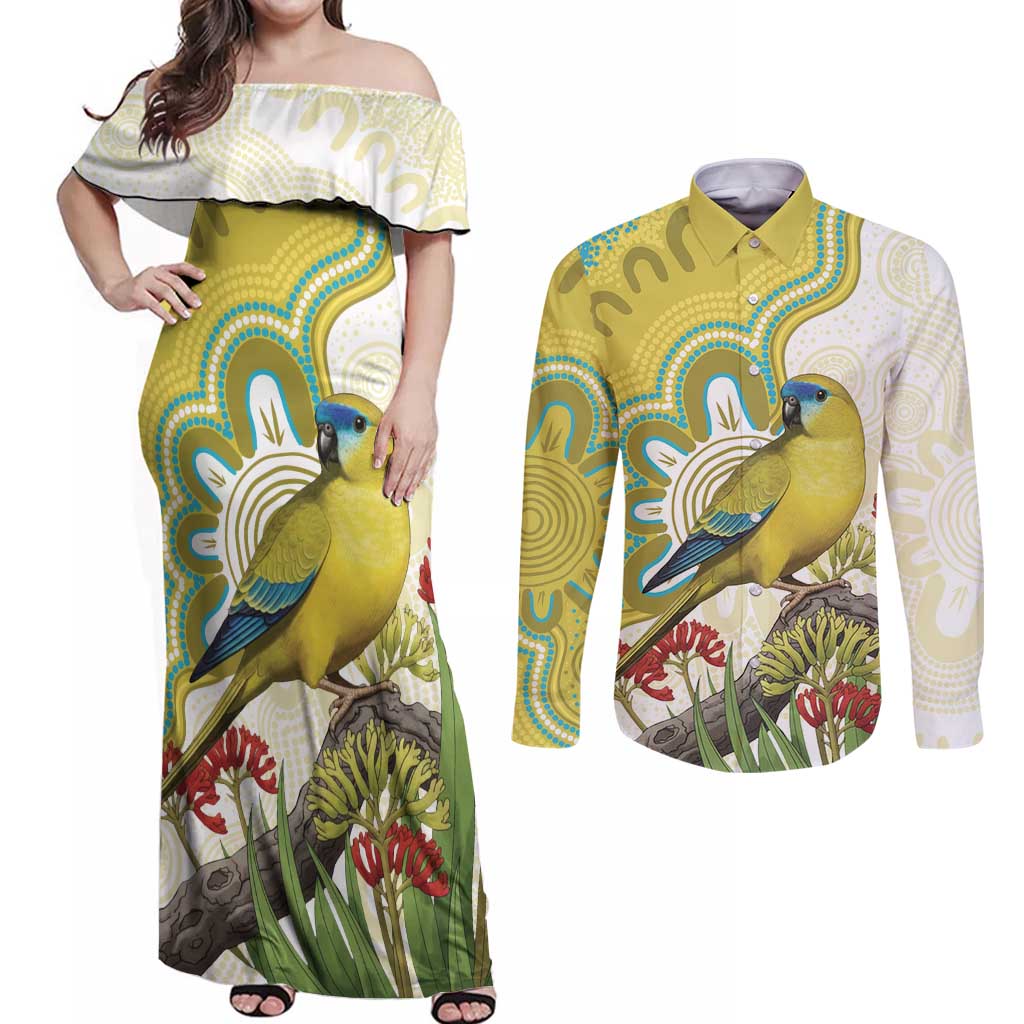 Australia Rock Parrot Couples Matching Off Shoulder Maxi Dress and Long Sleeve Button Shirt Kangaroo Paws Indigenous Art - Aussie Hoodie