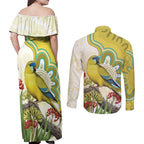 Australia Rock Parrot Couples Matching Off Shoulder Maxi Dress and Long Sleeve Button Shirt Kangaroo Paws Indigenous Art - Aussie Hoodie