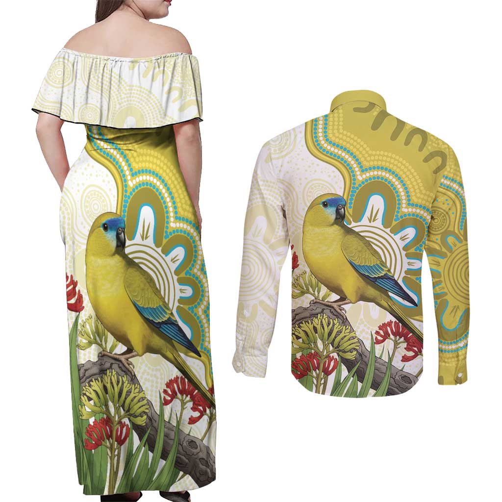 Australia Rock Parrot Couples Matching Off Shoulder Maxi Dress and Long Sleeve Button Shirt Kangaroo Paws Indigenous Art - Aussie Hoodie