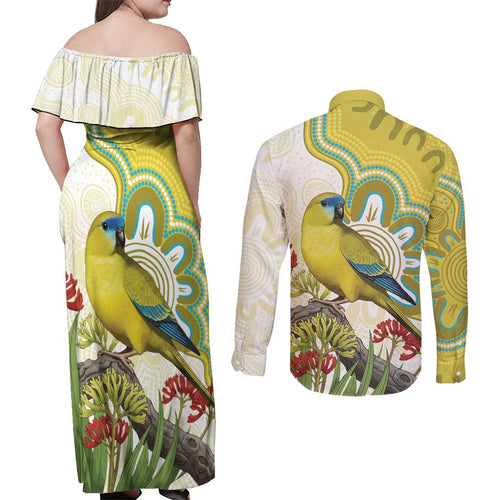 Australia Rock Parrot Couples Matching Off Shoulder Maxi Dress and Long Sleeve Button Shirt Kangaroo Paws Indigenous Art - Aussie Hoodie