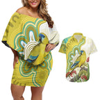 Australia Rock Parrot Couples Matching Off Shoulder Short Dress and Hawaiian Shirt Kangaroo Paws Indigenous Art - Aussie Hoodie