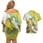 Australia Rock Parrot Couples Matching Off Shoulder Short Dress and Hawaiian Shirt Kangaroo Paws Indigenous Art - Aussie Hoodie