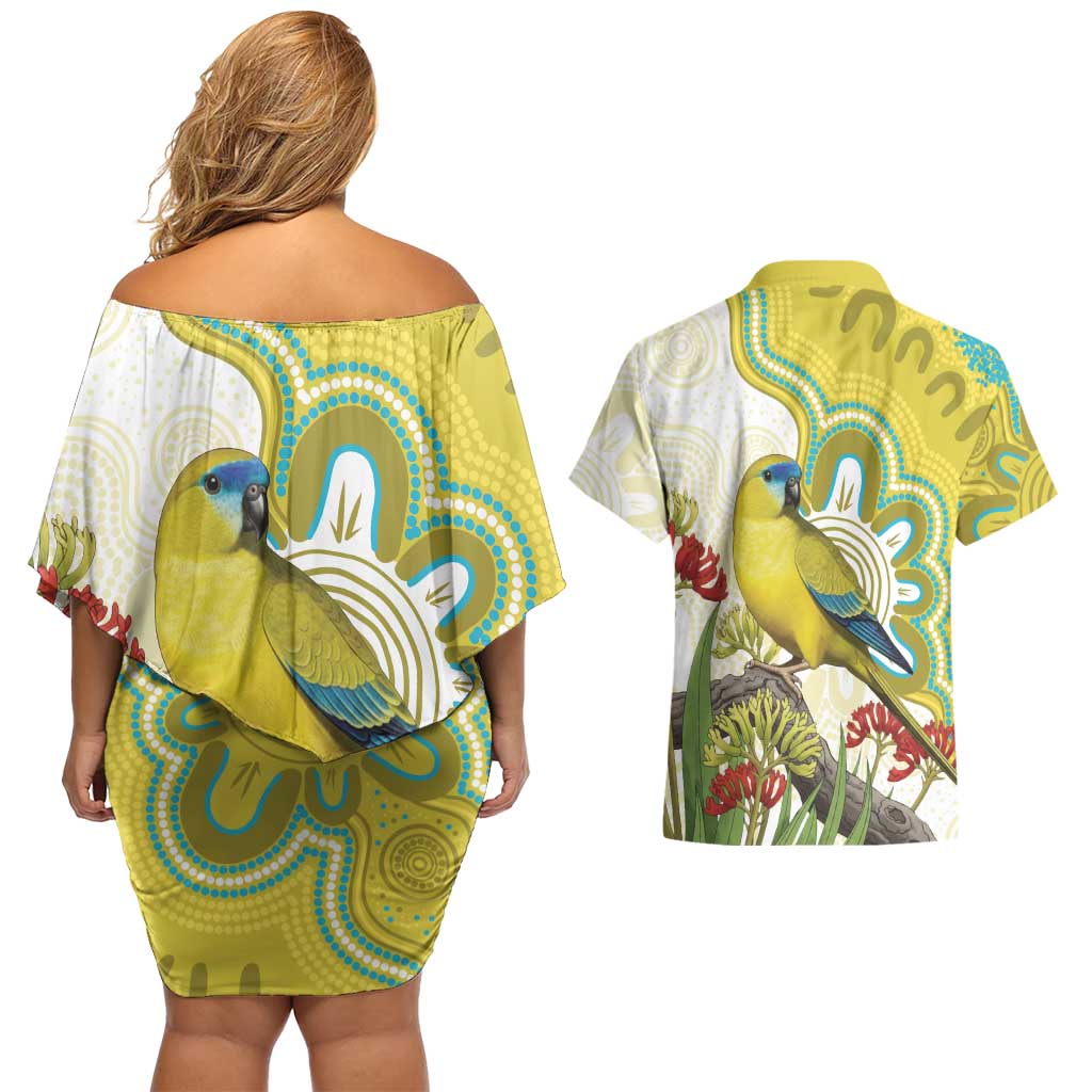 Australia Rock Parrot Couples Matching Off Shoulder Short Dress and Hawaiian Shirt Kangaroo Paws Indigenous Art - Aussie Hoodie
