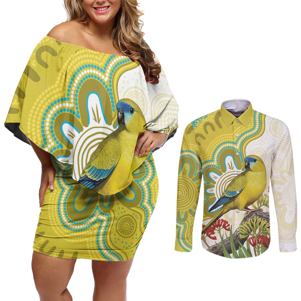Australia Rock Parrot Couples Matching Off Shoulder Short Dress and Long Sleeve Button Shirt Kangaroo Paws Indigenous Art - Aussie Hoodie
