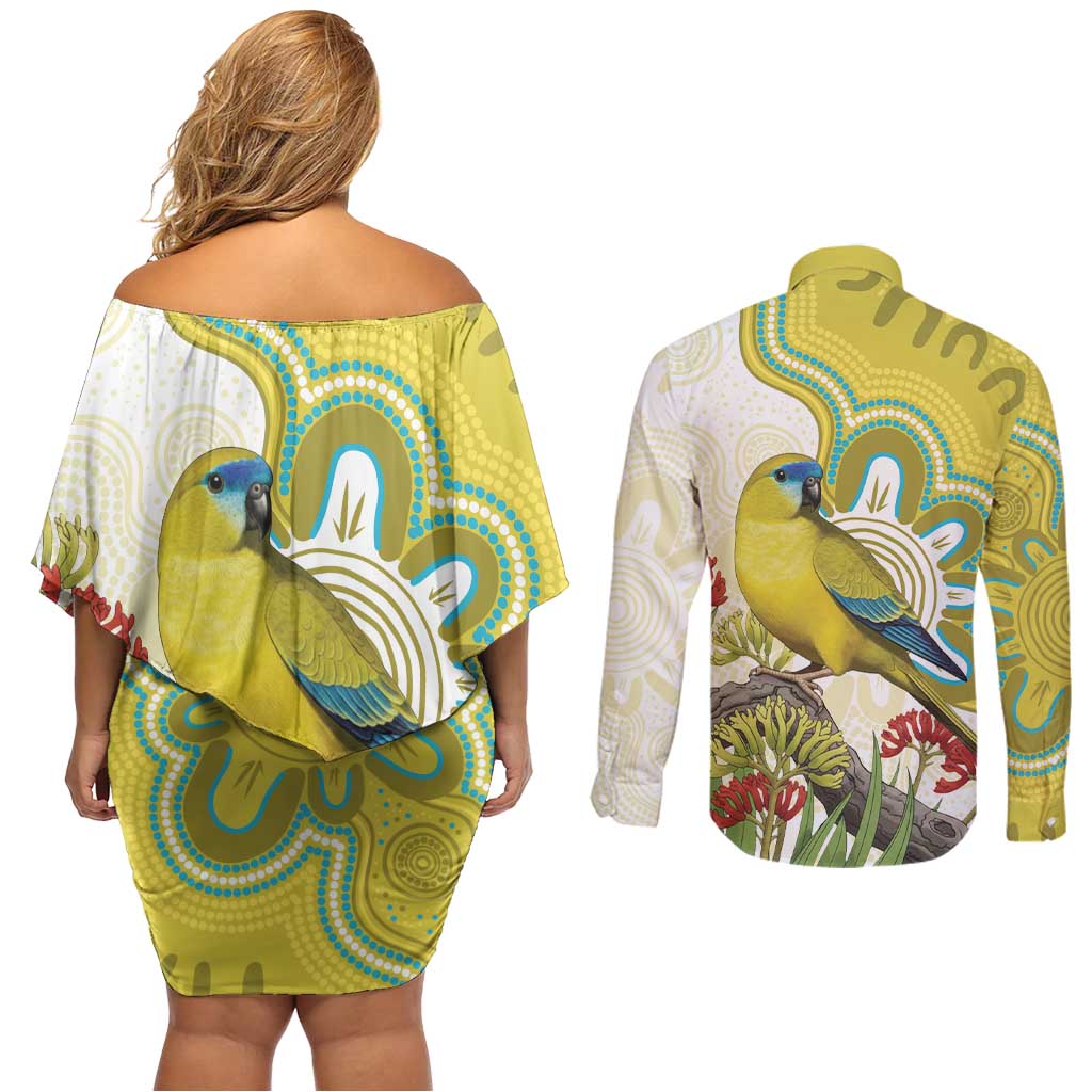 Australia Rock Parrot Couples Matching Off Shoulder Short Dress and Long Sleeve Button Shirt Kangaroo Paws Indigenous Art - Aussie Hoodie