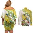Australia Rock Parrot Couples Matching Off Shoulder Short Dress and Long Sleeve Button Shirt Kangaroo Paws Indigenous Art - Aussie Hoodie