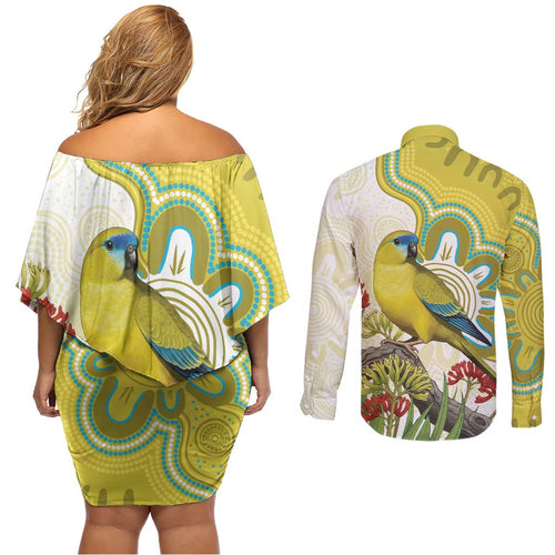 Australia Rock Parrot Couples Matching Off Shoulder Short Dress and Long Sleeve Button Shirt Kangaroo Paws Indigenous Art - Aussie Hoodie