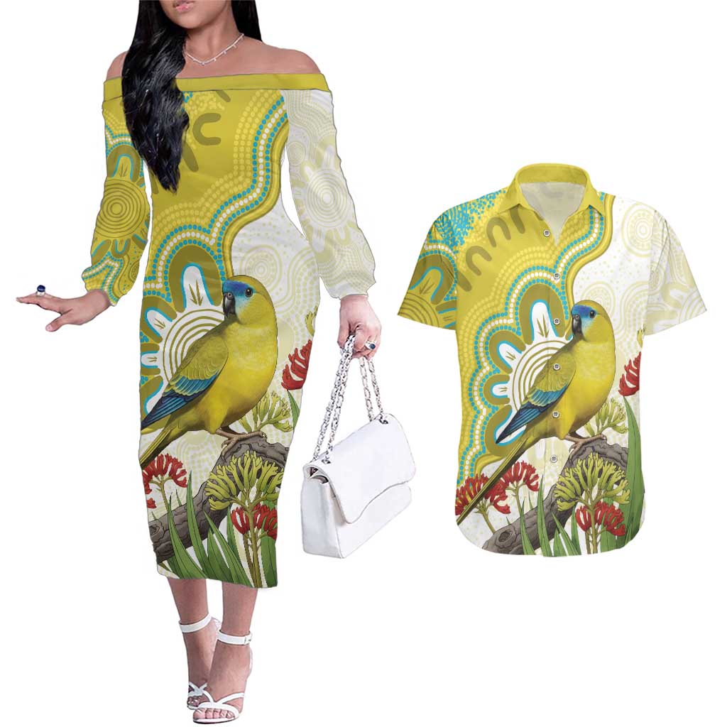 Australia Rock Parrot Couples Matching Off The Shoulder Long Sleeve Dress and Hawaiian Shirt Kangaroo Paws Indigenous Art - Aussie Hoodie