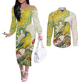 Australia Rock Parrot Couples Matching Off The Shoulder Long Sleeve Dress and Long Sleeve Button Shirt Kangaroo Paws Indigenous Art - Aussie Hoodie