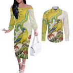 Australia Rock Parrot Couples Matching Off The Shoulder Long Sleeve Dress and Long Sleeve Button Shirt Kangaroo Paws Indigenous Art - Aussie Hoodie