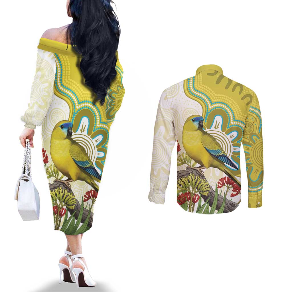 Australia Rock Parrot Couples Matching Off The Shoulder Long Sleeve Dress and Long Sleeve Button Shirt Kangaroo Paws Indigenous Art - Aussie Hoodie