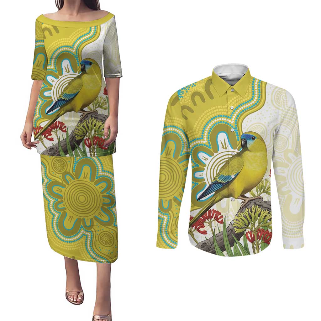 Australia Rock Parrot Couples Matching Puletasi and Long Sleeve Button Shirt Kangaroo Paws Indigenous Art - Aussie Hoodie