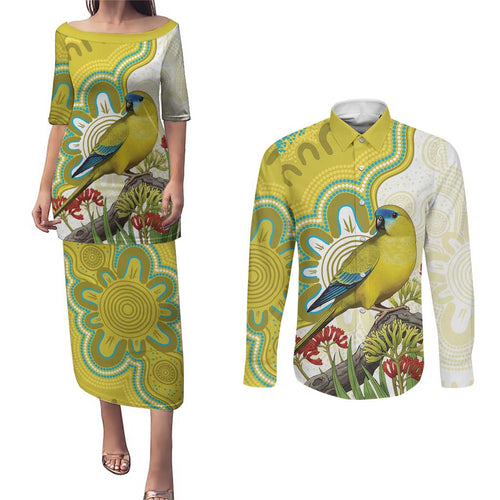 Australia Rock Parrot Couples Matching Puletasi and Long Sleeve Button Shirt Kangaroo Paws Indigenous Art - Aussie Hoodie