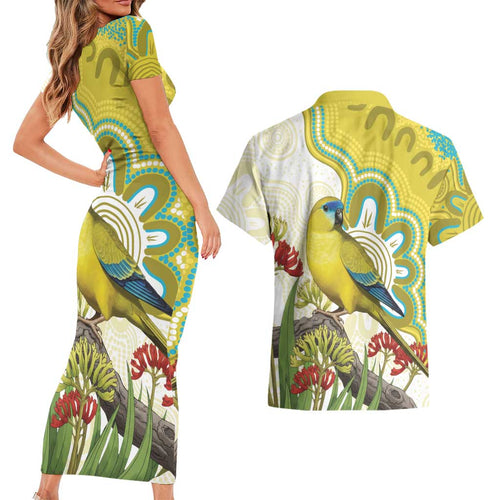 Australia Rock Parrot Couples Matching Short Sleeve Bodycon Dress and Hawaiian Shirt Kangaroo Paws Indigenous Art - Aussie Hoodie