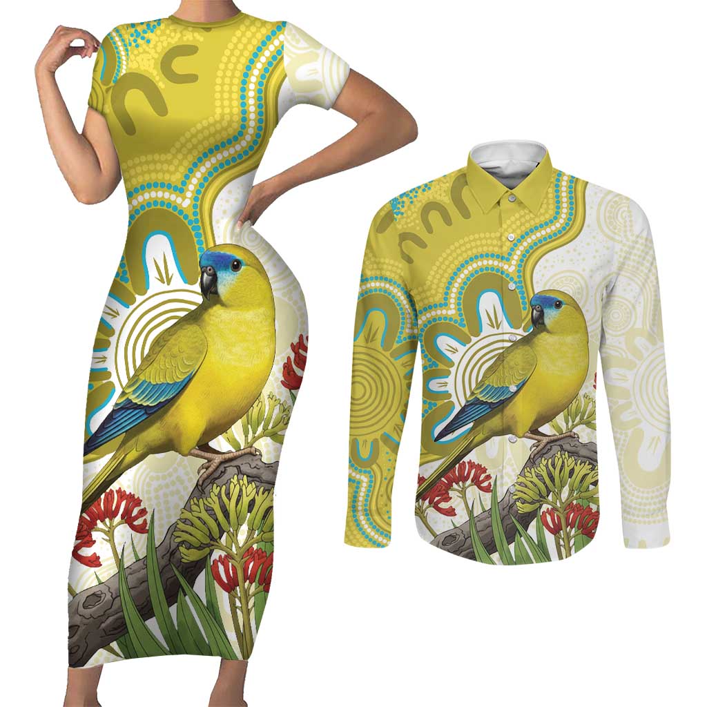 Australia Rock Parrot Couples Matching Short Sleeve Bodycon Dress and Long Sleeve Button Shirt Kangaroo Paws Indigenous Art - Aussie Hoodie