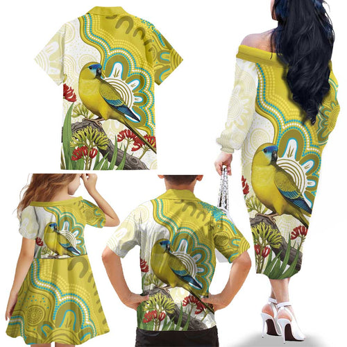 Australia Rock Parrot Family Matching Off The Shoulder Long Sleeve Dress and Hawaiian Shirt Kangaroo Paws Indigenous Art - Aussie Hoodie