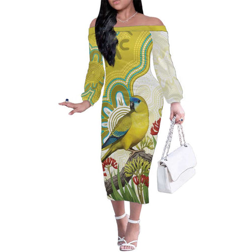 Australia Rock Parrot Family Matching Off The Shoulder Long Sleeve Dress and Hawaiian Shirt Kangaroo Paws Indigenous Art - Aussie Hoodie