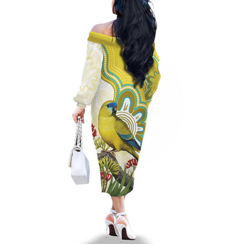 Australia Rock Parrot Family Matching Off The Shoulder Long Sleeve Dress and Hawaiian Shirt Kangaroo Paws Indigenous Art - Aussie Hoodie