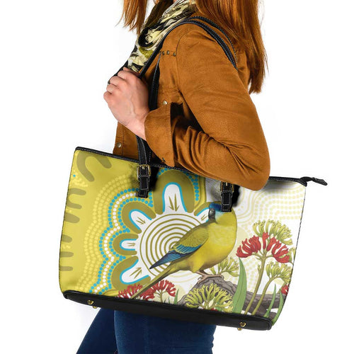 Australia Rock Parrot Leather Tote Bag Kangaroo Paws Indigenous Art - Aussie Hoodie