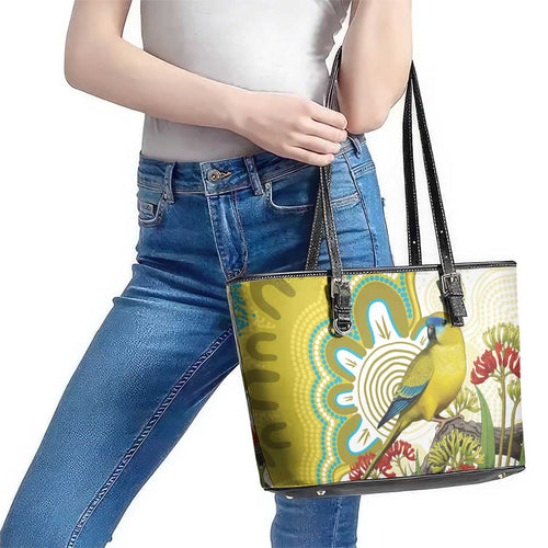 Australia Rock Parrot Leather Tote Bag Kangaroo Paws Indigenous Art - Aussie Hoodie