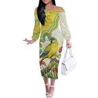 Australia Rock Parrot Off The Shoulder Long Sleeve Dress Kangaroo Paws Indigenous Art - Aussie Hoodie
