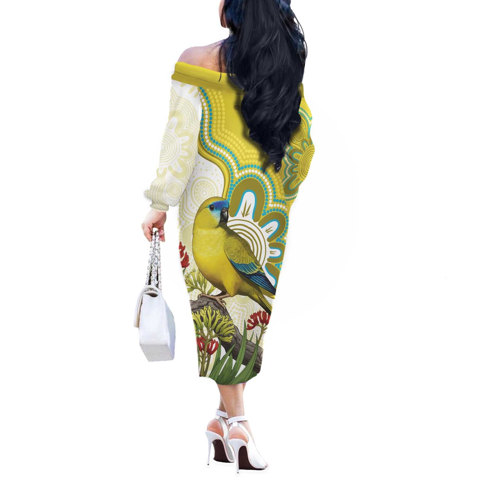 Australia Rock Parrot Off The Shoulder Long Sleeve Dress Kangaroo Paws Indigenous Art - Aussie Hoodie
