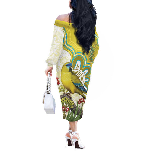 Australia Rock Parrot Off The Shoulder Long Sleeve Dress Kangaroo Paws Indigenous Art - Aussie Hoodie
