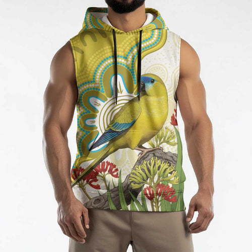 Australia Rock Parrot Sleeveless Hoodie Kangaroo Paws Indigenous Art - Aussie Hoodie