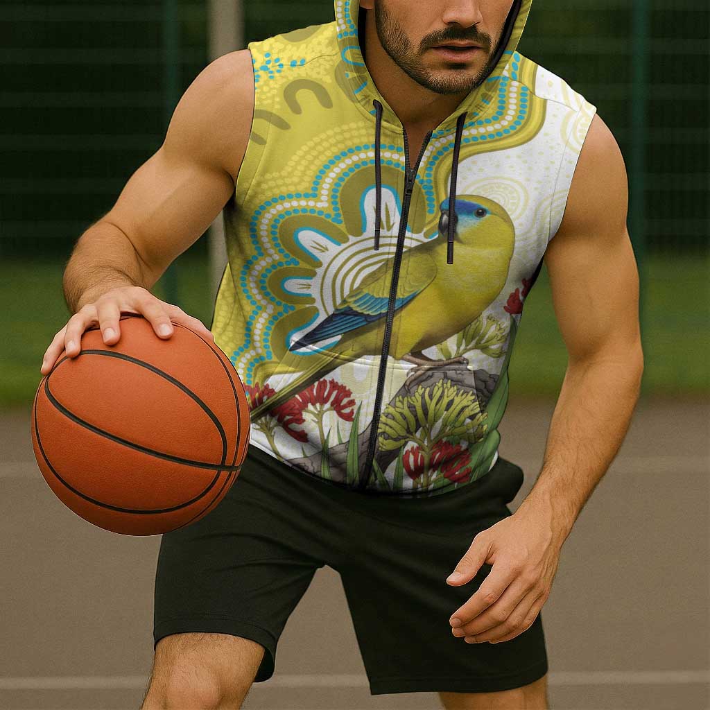 Australia Rock Parrot Sleeveless Zip Hoodie Kangaroo Paws Indigenous Art - Aussie Hoodie