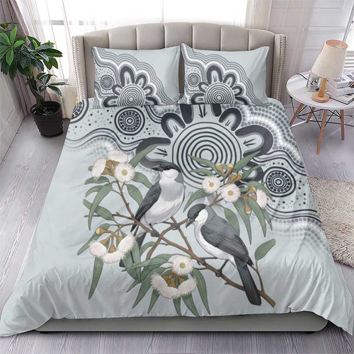 Australia Grey Butcherbird Bedding Set Eucalyptus Alba Indigenous Art - Aussie Hoodie
