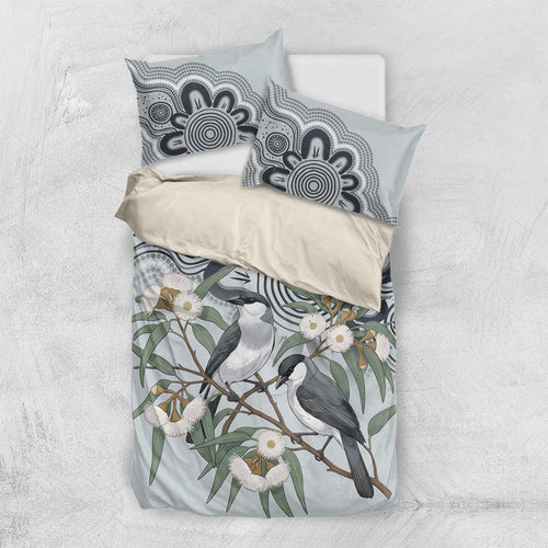 Australia Grey Butcherbird Bedding Set Eucalyptus Alba Indigenous Art - Aussie Hoodie