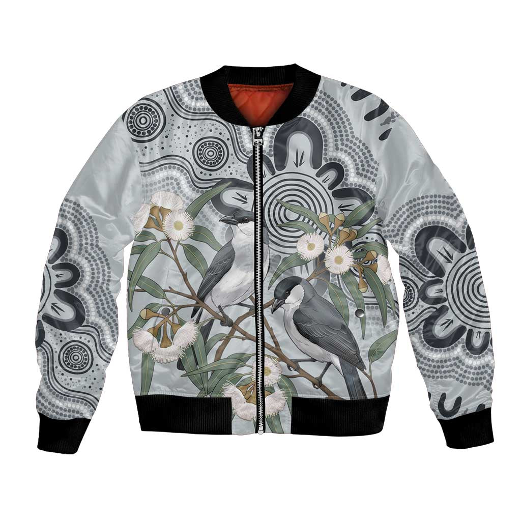Australia Grey Butcherbird Bomber Jacket Eucalyptus Alba Indigenous Art - Aussie Hoodie