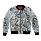 Australia Grey Butcherbird Bomber Jacket Eucalyptus Alba Indigenous Art - Aussie Hoodie