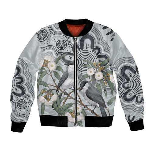 Australia Grey Butcherbird Bomber Jacket Eucalyptus Alba Indigenous Art - Aussie Hoodie