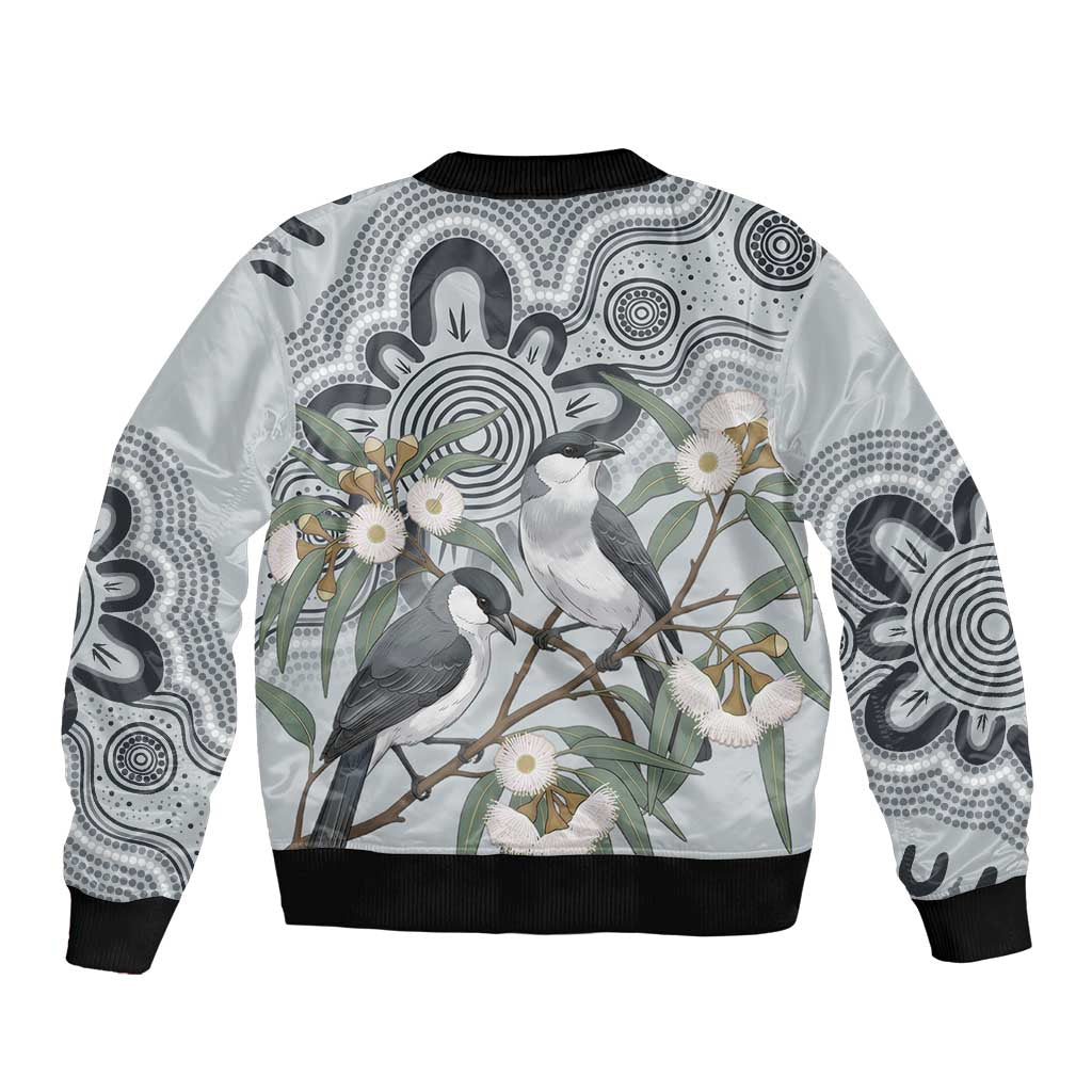 Australia Grey Butcherbird Bomber Jacket Eucalyptus Alba Indigenous Art - Aussie Hoodie
