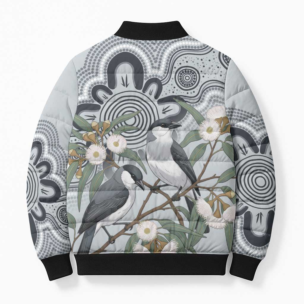 Australia Grey Butcherbird Bomber Puffer Jacket Eucalyptus Alba Indigenous Art - Aussie Hoodie